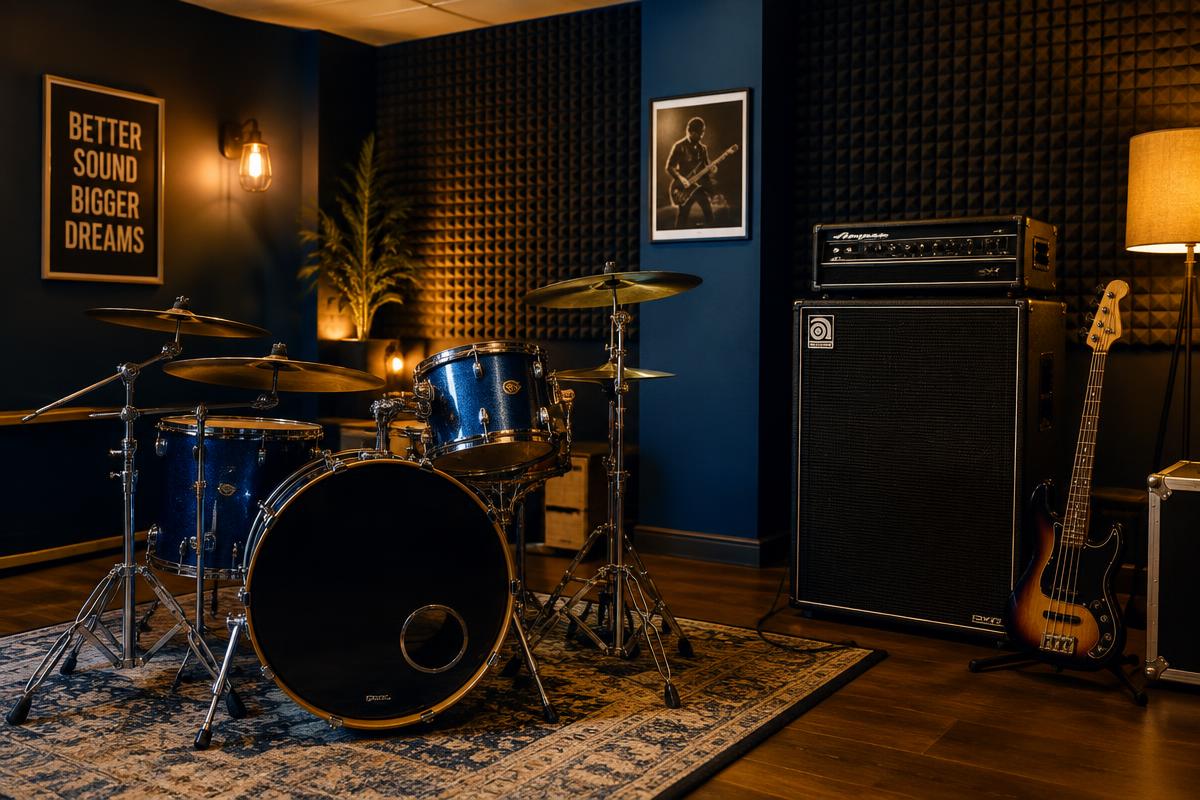 Sala de ensaio com bateria e amplificadores